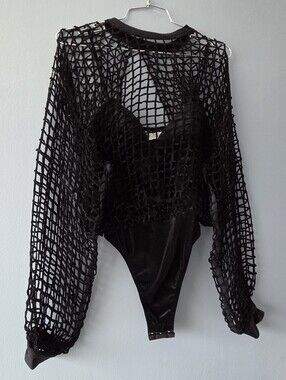 RITMO DI PERLA VINTAGE BLACK STRETCH VELVET CAGE  BODYSUIT US SMALL